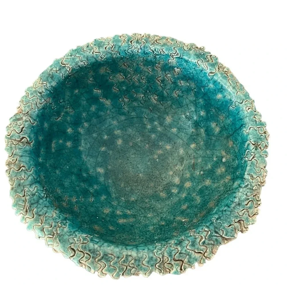 Raku Turquoise Textured Bowl Signed Sindy Unusual